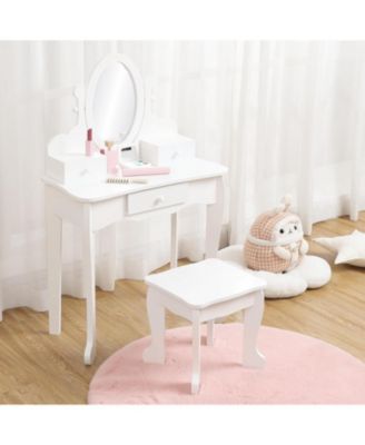 Adjustable Mirror Kids Vanity Set with Stool and Storage Drawers – Wooden Princess Makeup Dressing Table for Ages 4–9