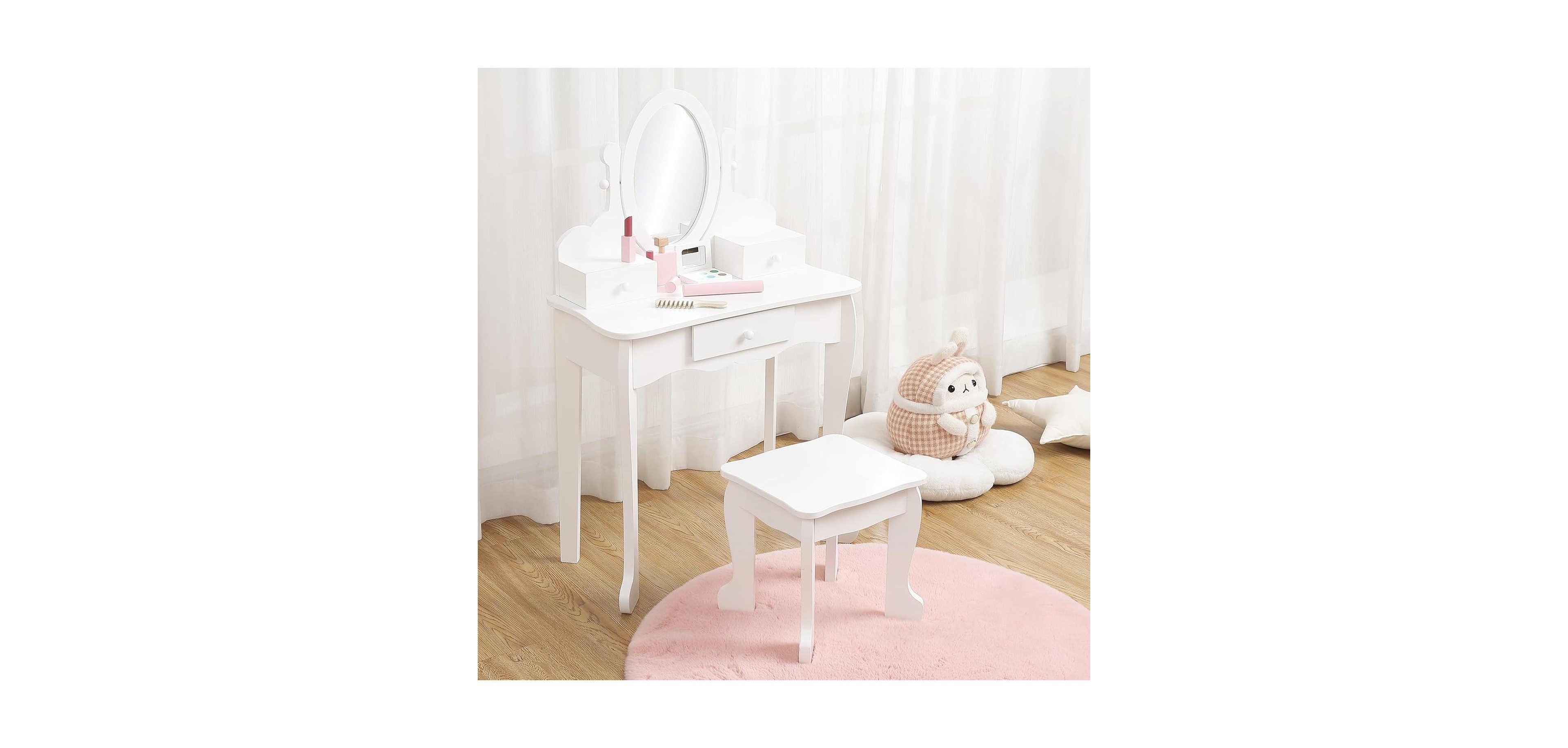 gaomon Adjustable Mirror Kids Vanity Set with Stool and Storage Drawers – Wooden Princess Makeup Dressing Table for Ages 4–9