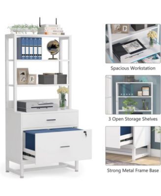 2 Drawer Vertical File Cabinet with Lock & Bookshelf, Letter Size Large Modern Filing Cabinet Printer Stand with Open Storage Shelves