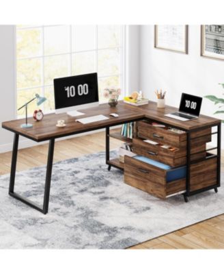 53" W × 19.7" Wood L-Shaped Desk with 3 Drawers, Reversible Corner Home Office Computer Desk with Shelves