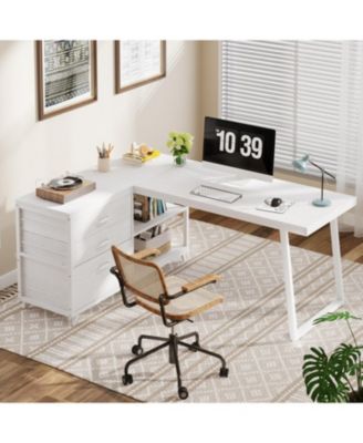 53" W × 19.7" Wood L-Shaped Desk with 3 Drawers, Reversible Corner Home Office Computer Desk with Shelves