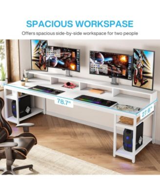 Two Person Desk with Monitor Stand, 78.74" Long Double Computer Office Desk with Storage Shelves