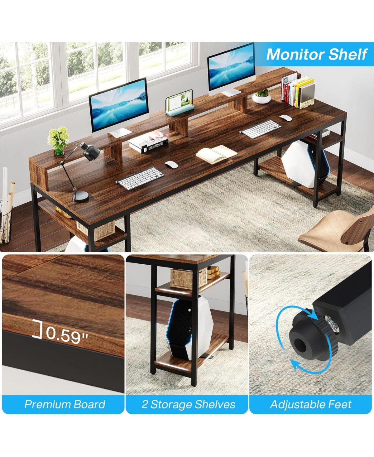 Tribesigns Two Person Desk with Monitor Stand