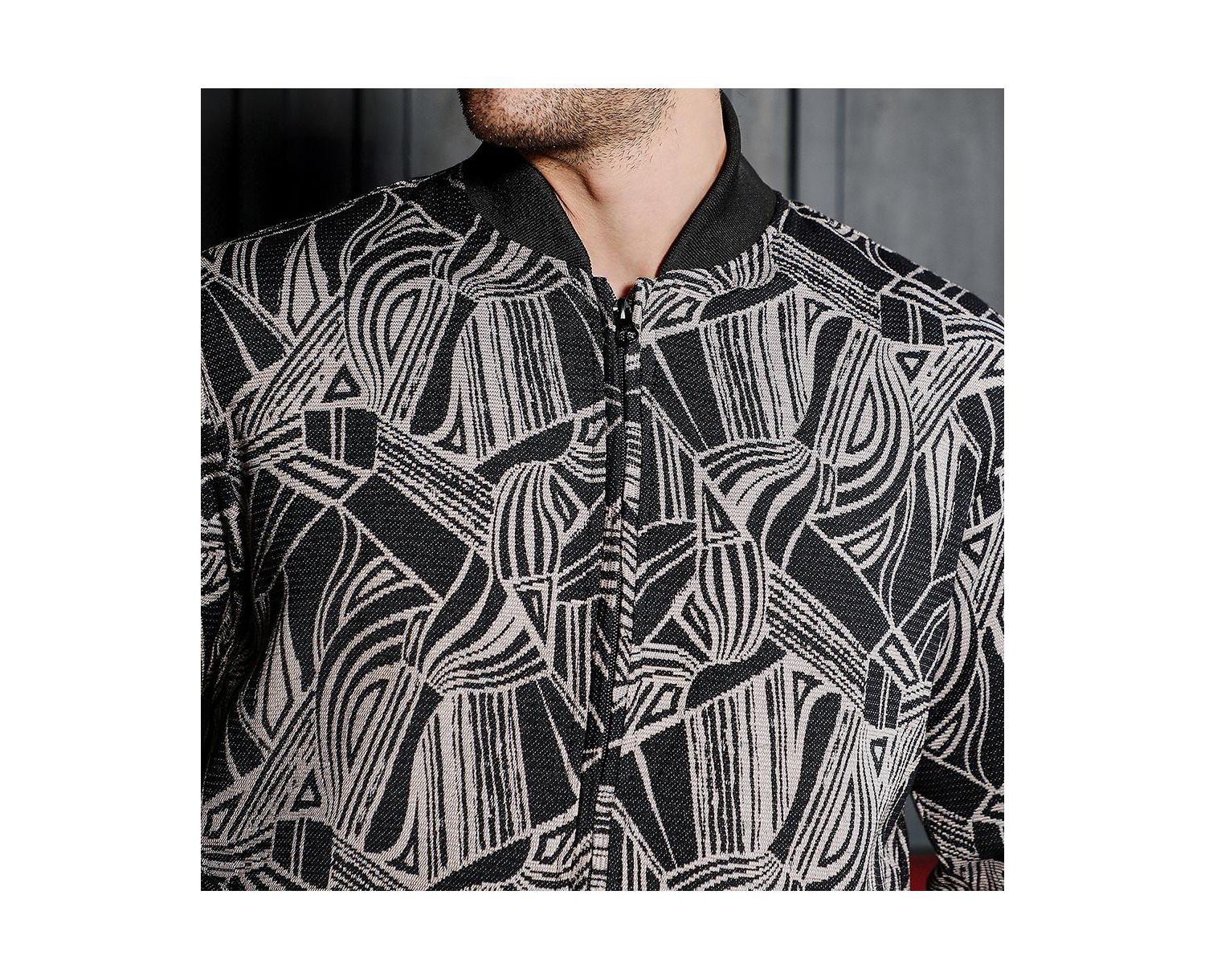 Men's Midnight Black Stroke-Jacquard Bomber Jacket