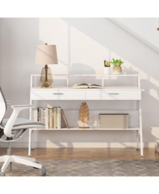 White Computer Desk with Storage Shelf & Drawers, Modern 47 inch Office Writing Desk Study Table with Monitor Stand