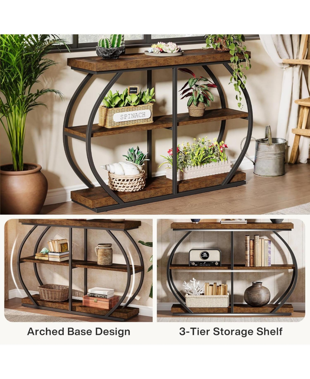 Tribesigns 41.3" Console Table, Industrial 3-Tier Entryway Table with Arched Metal Frame and Storage Shelves for Living Room