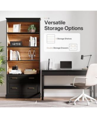 72" White 5-Shelf Bookcase with Drawers – Modern freestanding wood bookshelf for display and storage