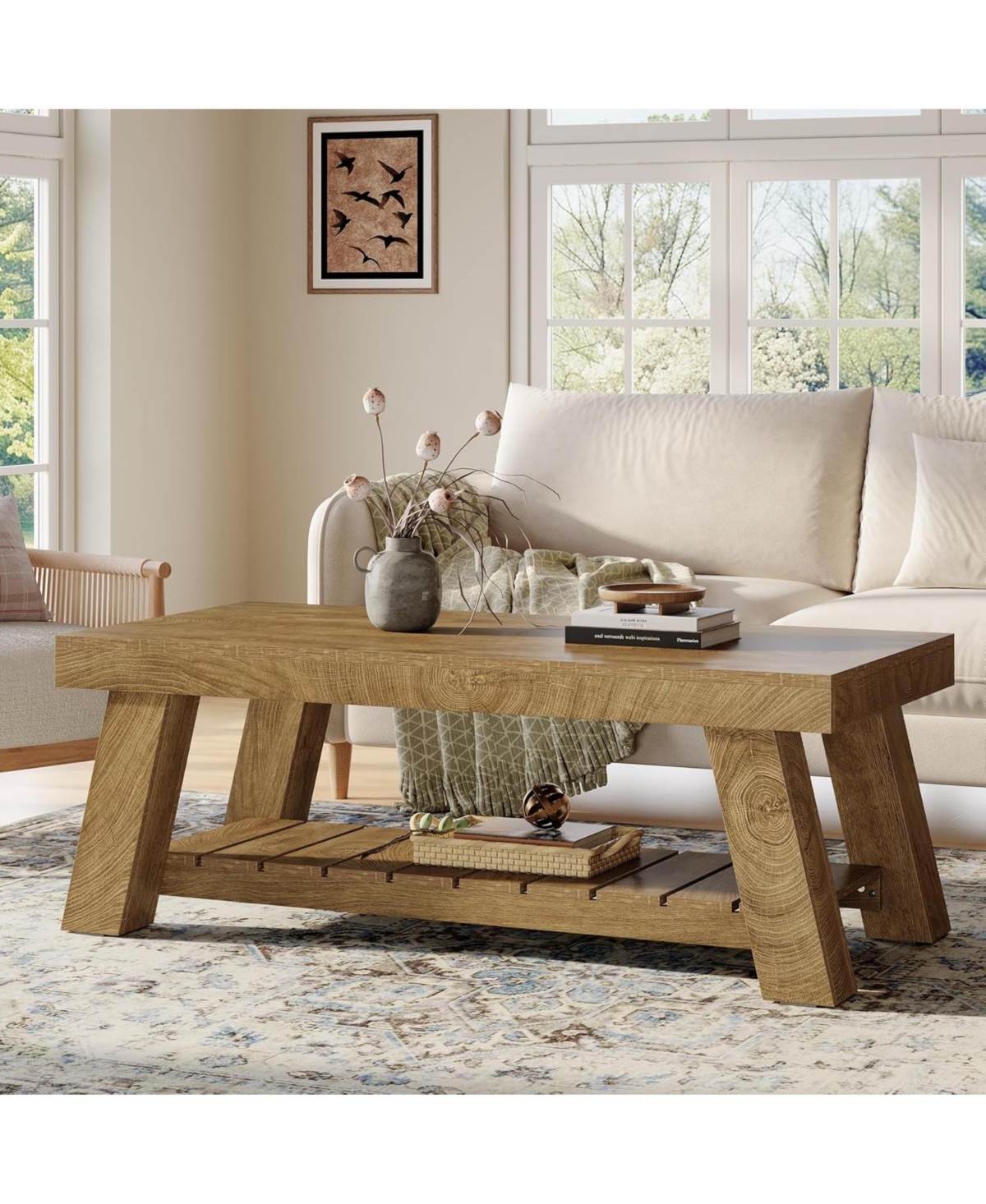 Tribesigns Rectangular Coffee Table, 47.24" Farmhouse Wood Center Tables for Living Room,Brown