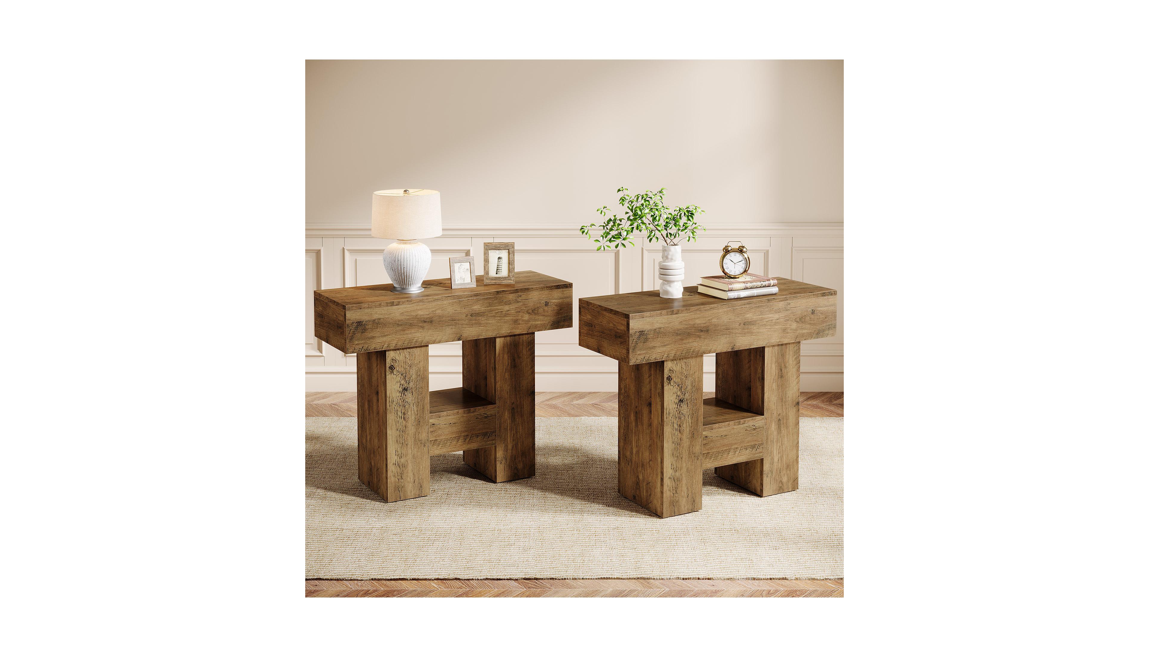 Tribesigns Set of 2 Narrow End Table, Farmhouse Sofa Side Table with 2-Tier Storage Shelf and Heavy Duty Base for Living Room