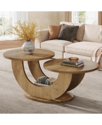 Round Coffee Table, 2-Tier Farmhouse Coffee Table with U-Shaped Frame