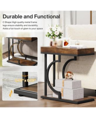 Narrow Side Table, End Table with Metal Frame for Living Room (2 PCS)