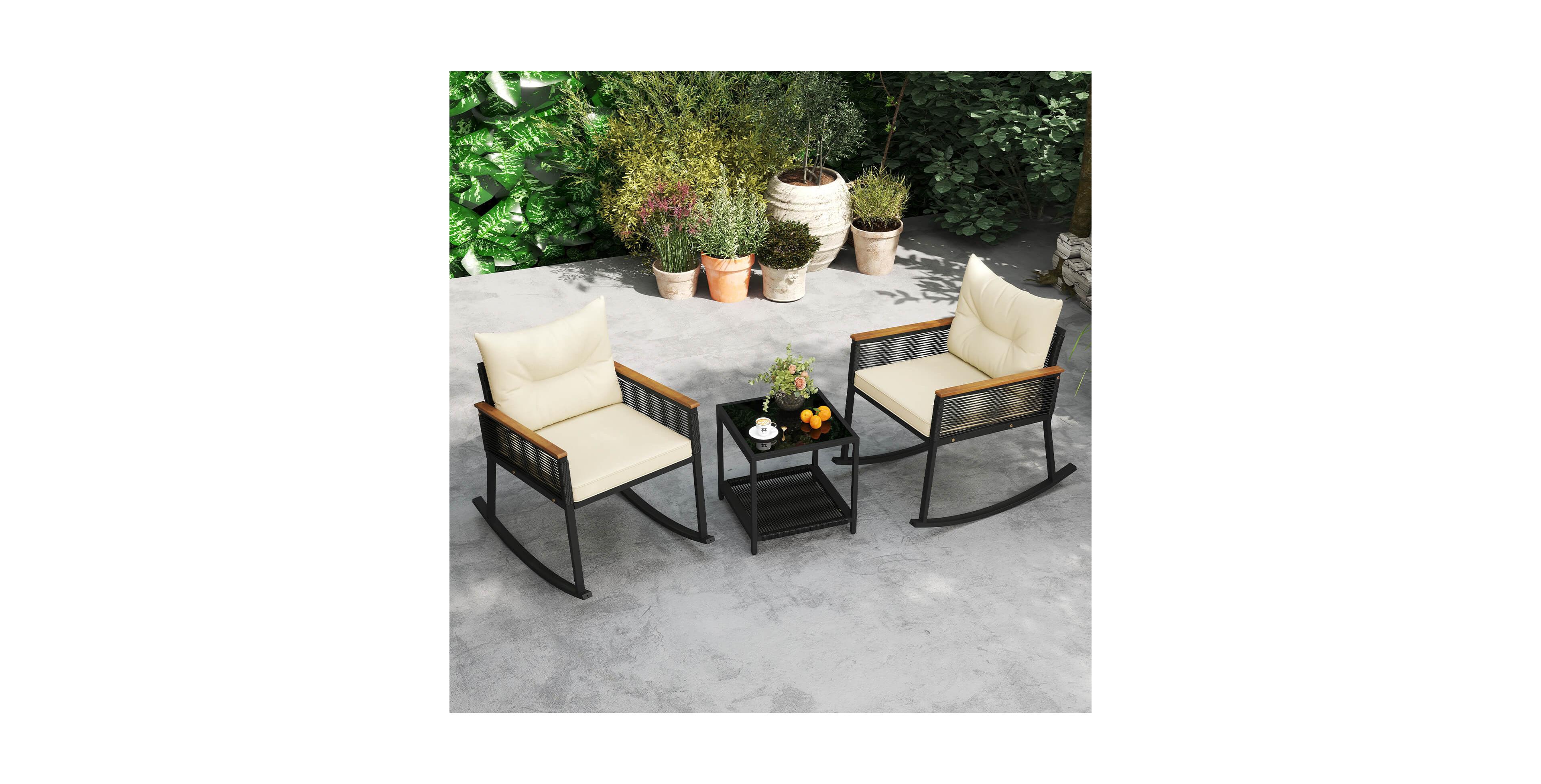 Costway 3 Pcs Outdoor Rocking Bistro Set with 2-Tier Coffee Table, Acacia Wood Armrests