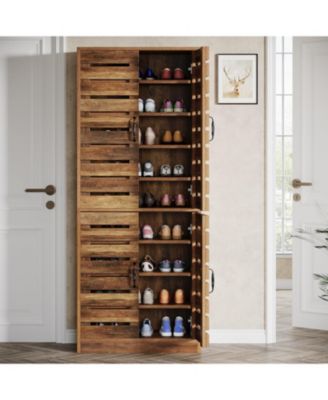 70.8" Rustic Brown Wood Shoe Cabinet with Shutter Doors & Adjustable Shelves