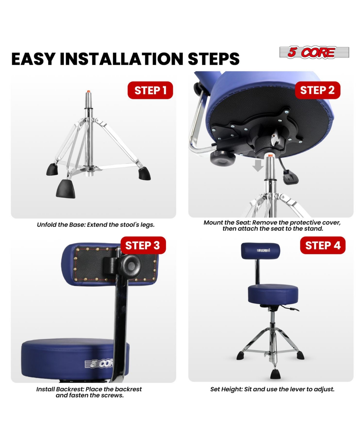 5 Core Drum Throne w Backrest 4" Padded Stool Airlift Adjustable 25.5" Drummer Chair 441Lb Capacity