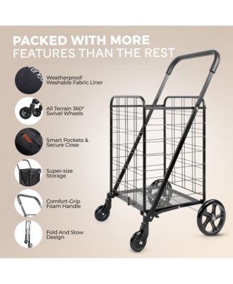 Folding Utility Cart with Liner, Heavy-Duty, 360&amp;#xB0; Swivel Wheels, 70 lb Capacity, Portable for Groceries, Laundry &amp; More (Blue)