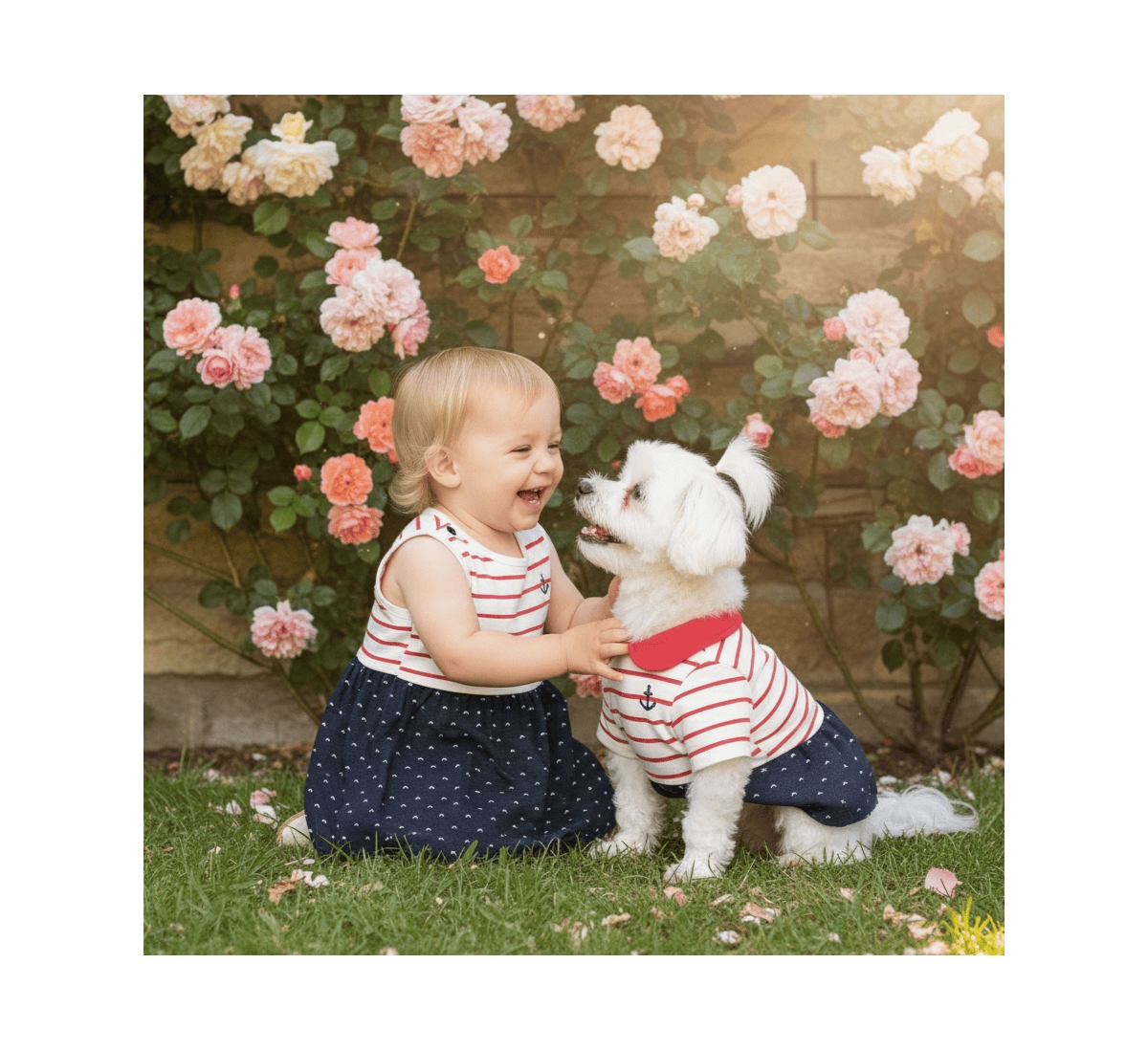 Dogs & Cats Co. Striped Sailor Dog Dress with Denim Skirt Anchor Embroidery Pink Indigo