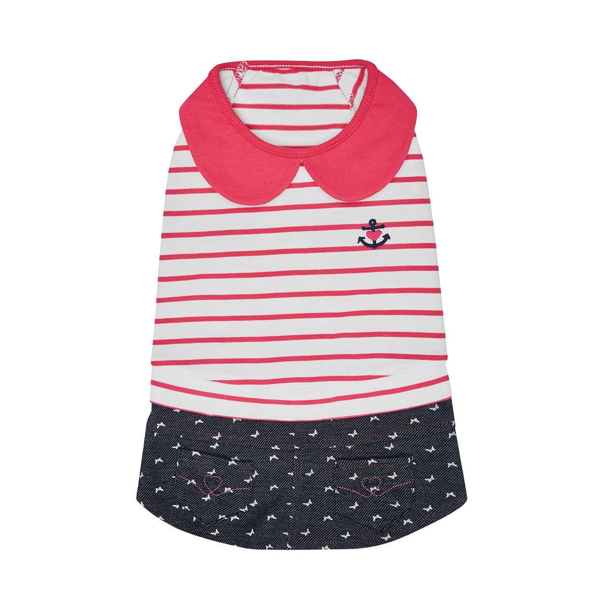 Dogs & Cats Co. Striped Sailor Dog Dress with Denim Skirt Anchor Embroidery Pink Indigo