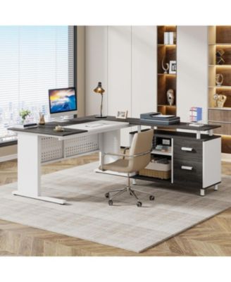 63" L-Shaped Executive Desk with File Cabinet, Drawers & Storage Shelves – Office Desk