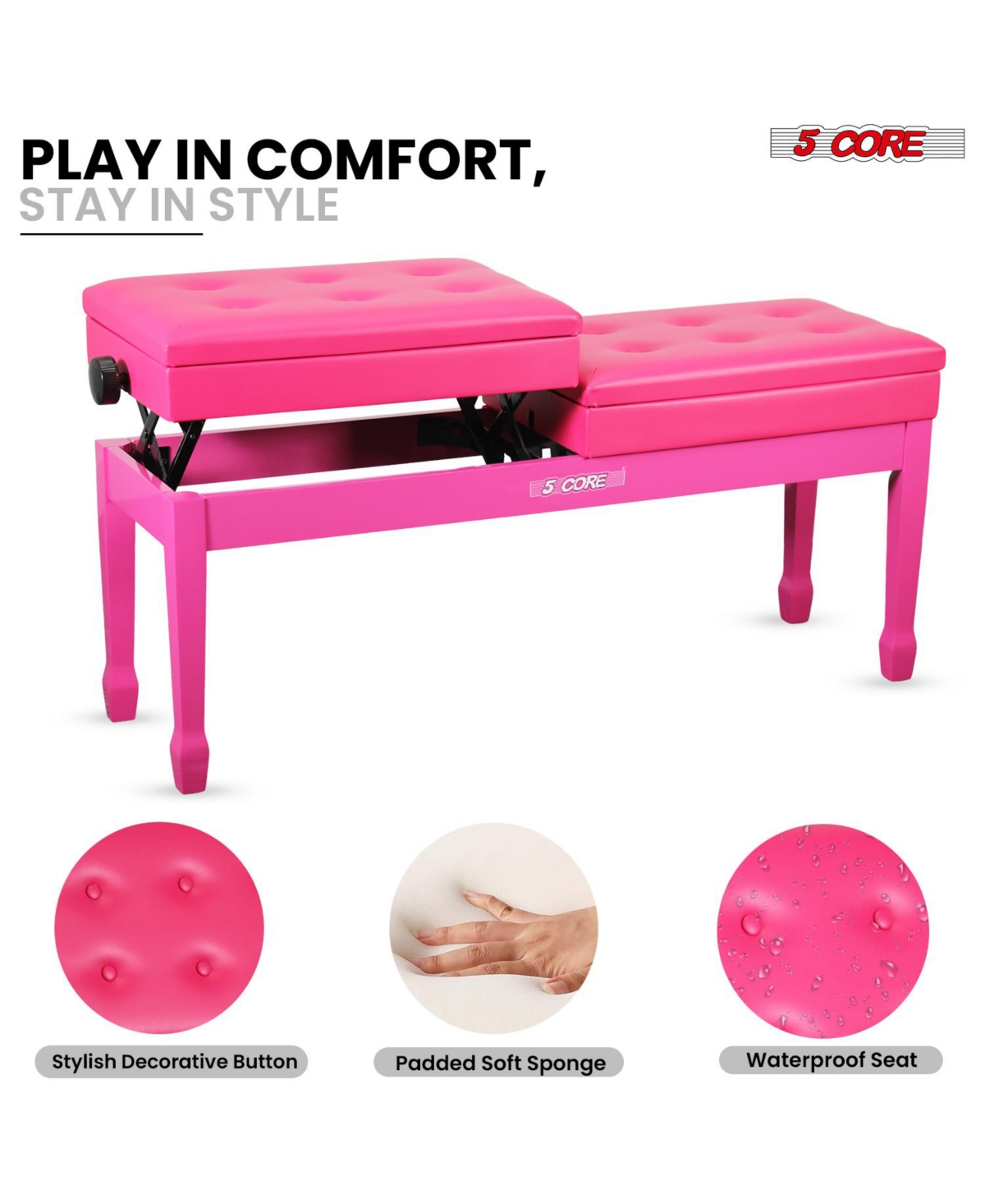 5 Core Duet Piano Bench 3.5 Inch Padded Cushioned Stool Wooden Heavy Duty Musician Chair w Storage