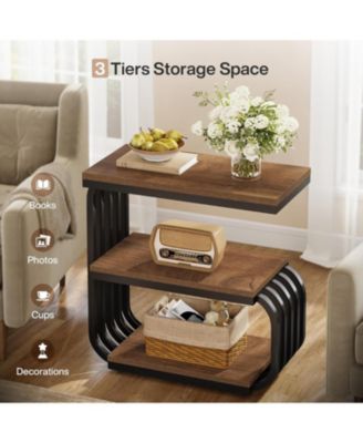 Small End Table, 3 Tier Design Accent Table with Metal Frame, Industrial Vintage Nightstand for Living Room, or Small Spaces (1, Brown)