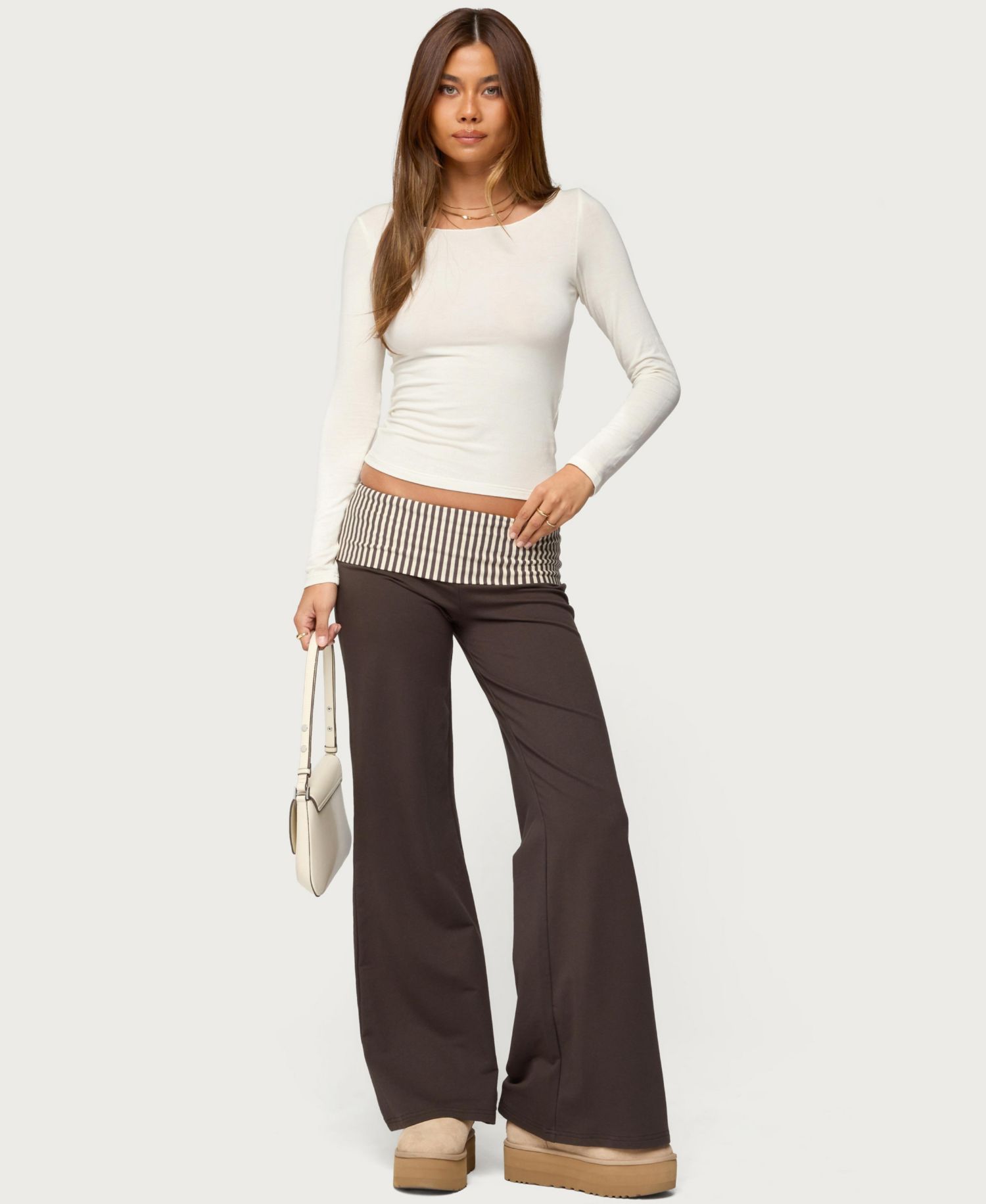 Women's Meshey Striped Foldover Pants