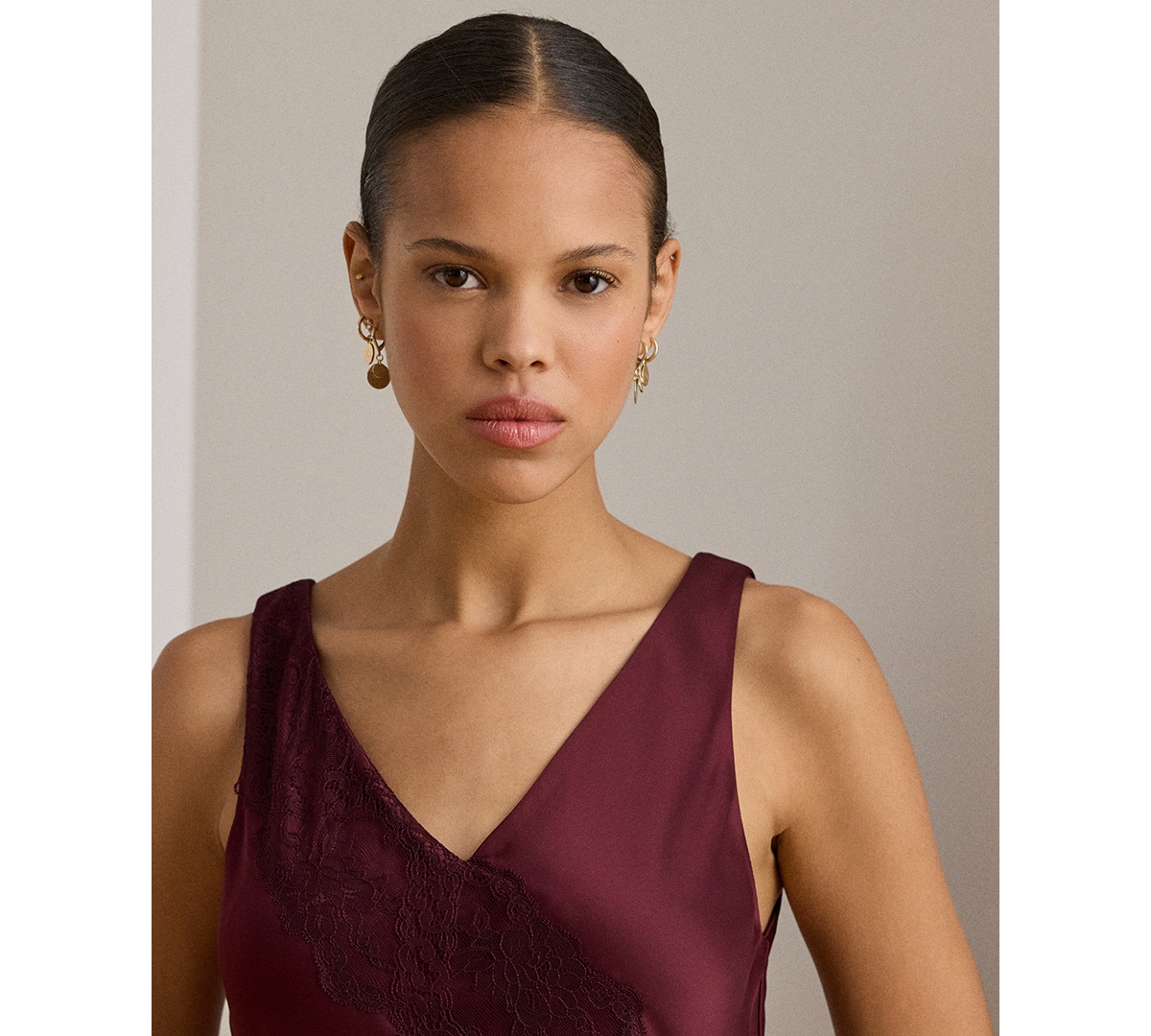 Lauren Ralph Women's Lace-Trim Charmeuse Cocktail Dress