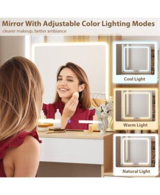 Vanity Desk with Sliding Mirror & Lights, 4 Drawers, 7 Shelves, Charging Station, Stool Included, 3 Lighting Modes, Modern Makeup Vanity