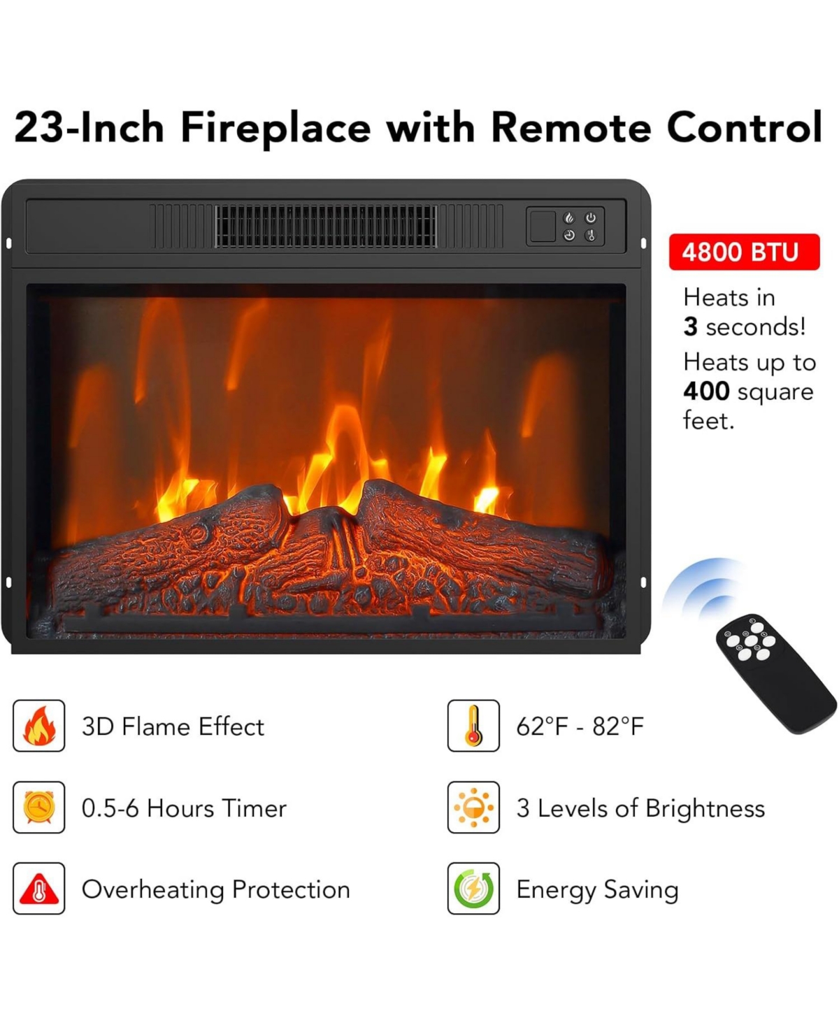 gaomon Fireplace Tv Stand for 58" Tv, 23" Fireplace Insert with Remote, Led Flame, Timer, Media Console, Freestanding