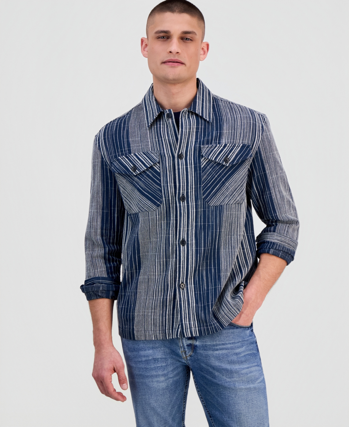 Guess Men's Atlas Linear Jacquard Long-Sleeve Cotton Overshirt