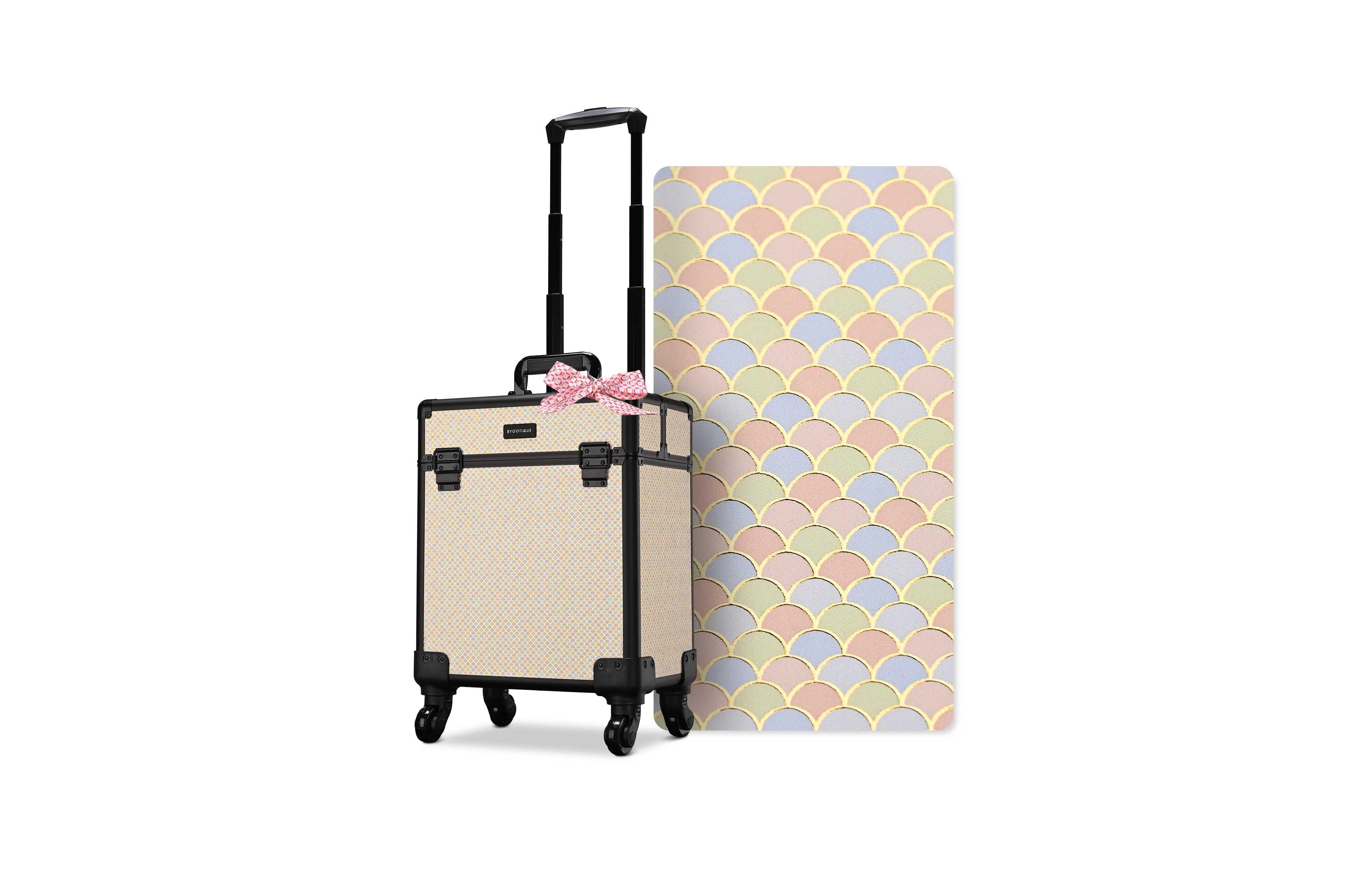 Byootique Rolling Makeup Train Case on Wheels Cosmetic Trolley Art Deco Pastel