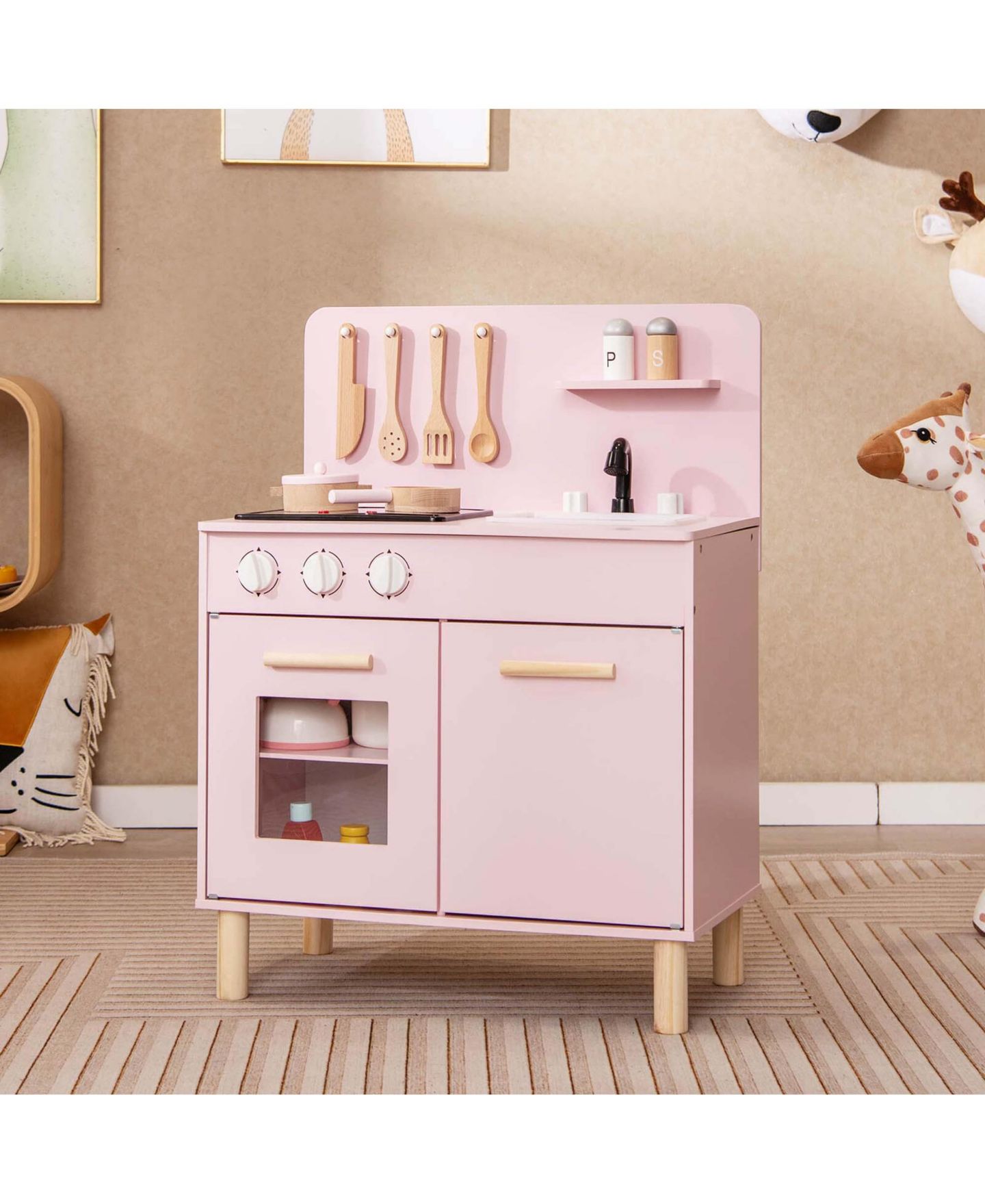 Детский игровой набор Costway Light-Up Cooking Sounds Wooden Kids Kitchen Playset, от 3 лет, цвет: Розовый — фото 4