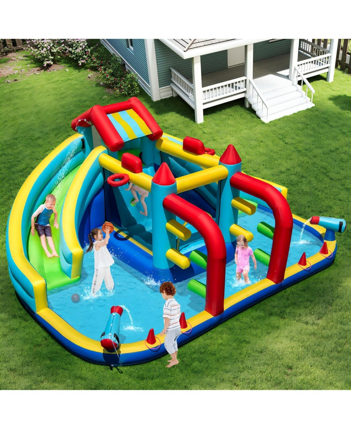 Hongge Inflatable Water Slide Park With Dual Slides Bounce House And Obstacle Course