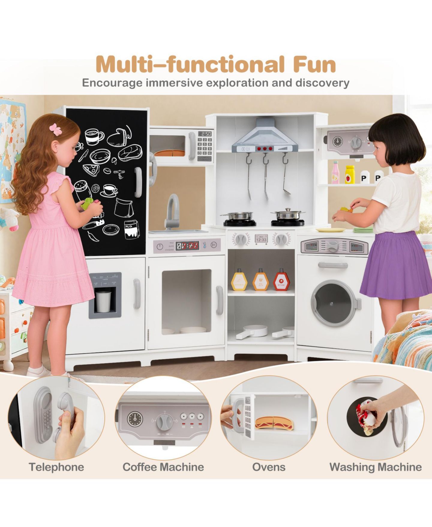 Детские игрушки HONGGE Wooden Corner Lights and Sounds 9-Piece Play Kitchen Set, Ages 3+, цвет: Белый — фото 6