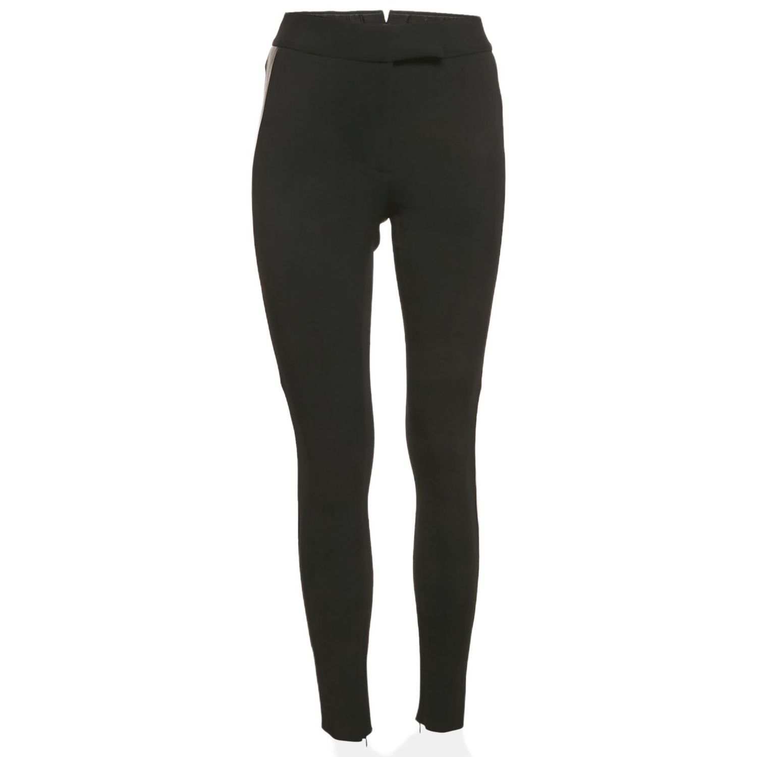 Women's Black Crepe Leather Trim Trousers