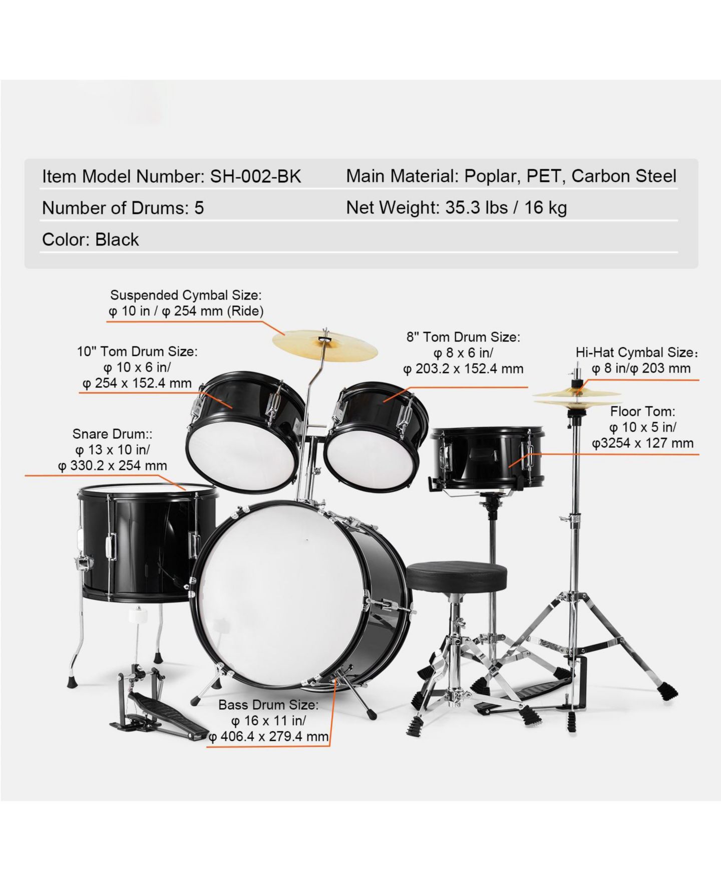 Детские игрушки SUGIFT Beginner Full Size Drum Kit, 5-Piece, Ages 6+, цвет: Чёрный — фото 5