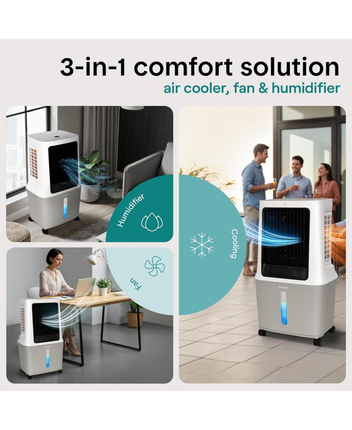 SereneLife Portable Swamp Cooler Air Conditioner - 2500 Cfm Airflow, 8 Gallon Water Tank Portable Evaporative Air Cooler for Room & Outdoors.