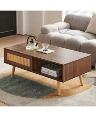 PE Rattan Coffee Table with Sliding Storage Door and Solid Wood Legs for Living Room