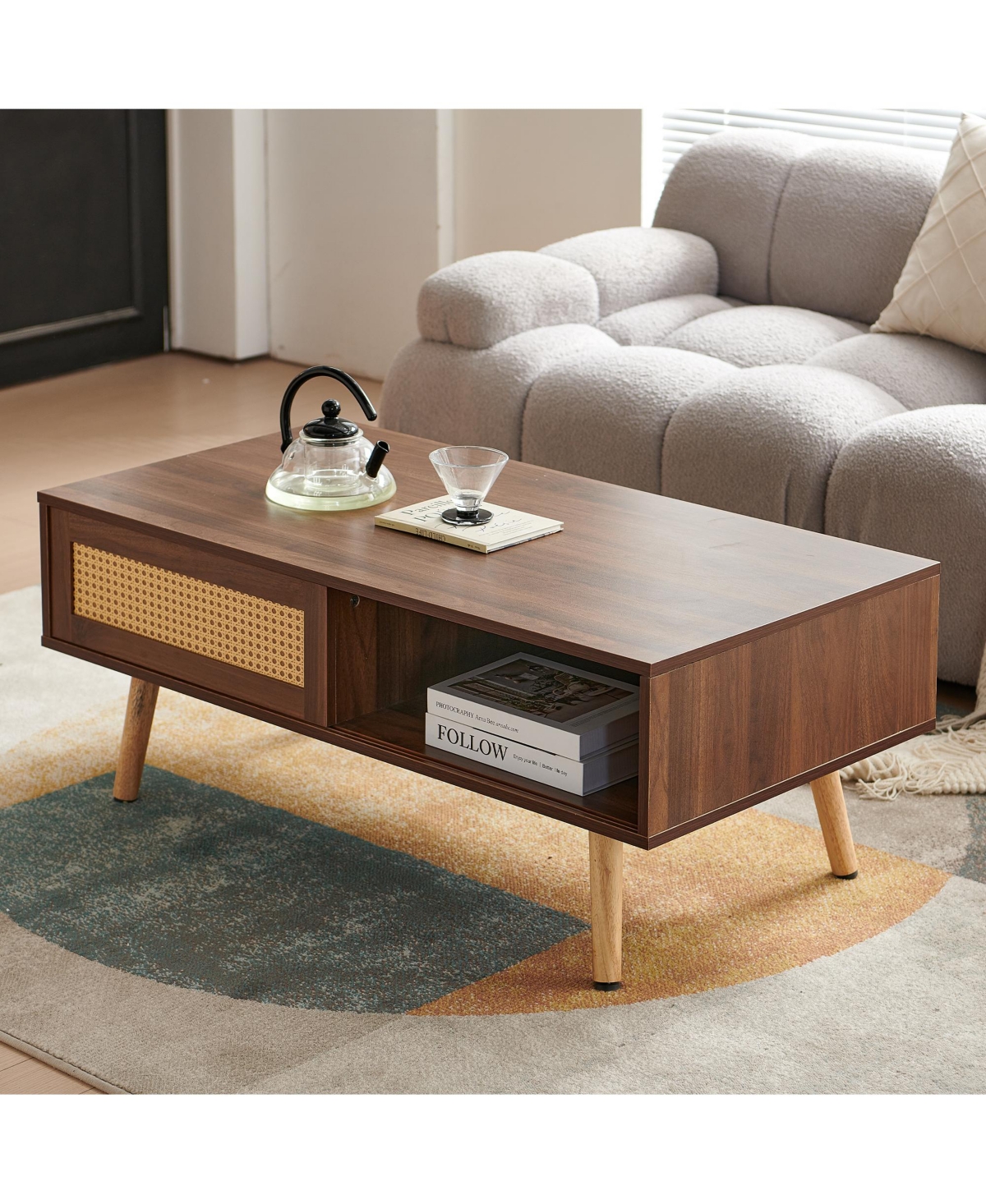 sumyeg Pe Rattan Coffee Table with Sliding Storage Door and Solid Wood Legs for Living Room