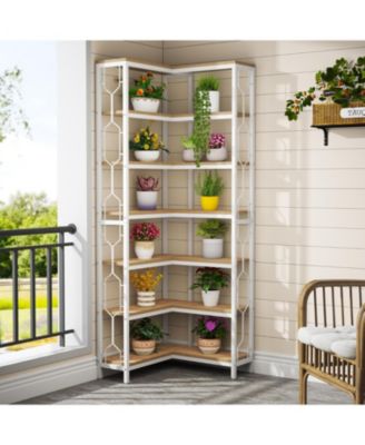 Corner Shelf, 7-Tier Industrial Corner Bookshelf, Wood and Metal Corner Etagere Bookcase, White