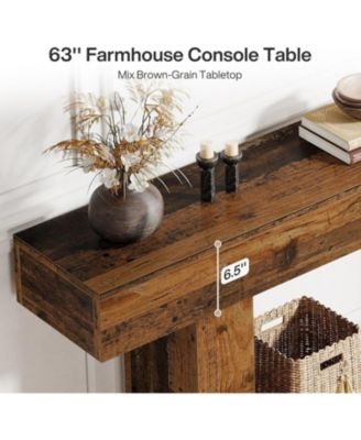 63" Console Table, Farmhouse 2-Tier Entryway Table with U-Shaped Base, Mix Brown