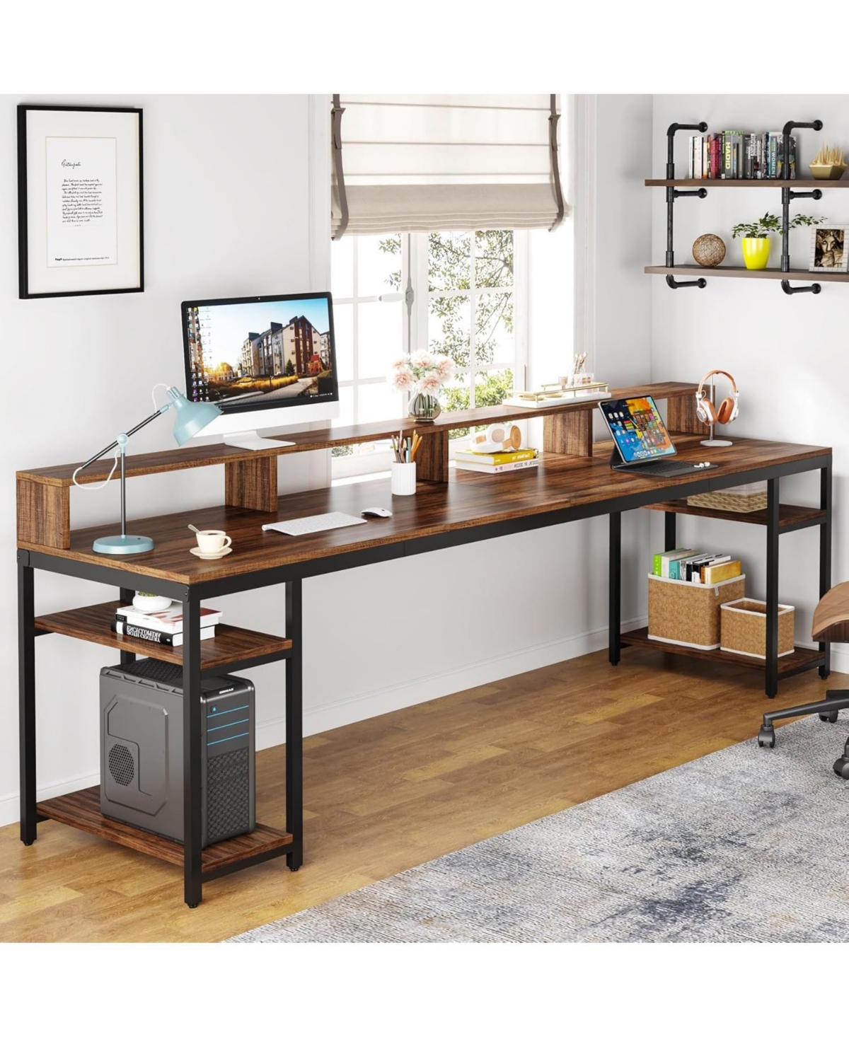 Tribesigns Two Person Desk with Monitor Stand