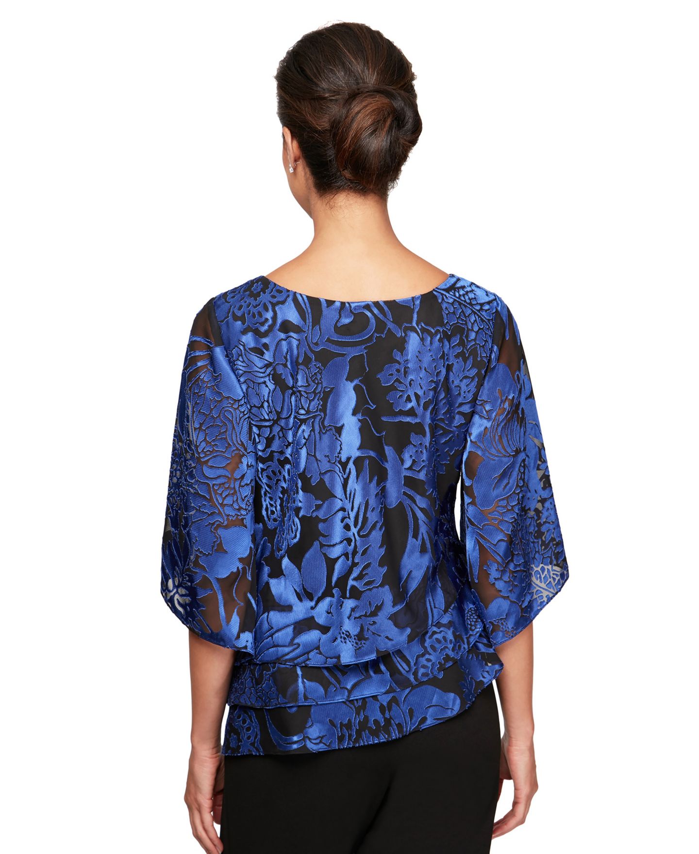 Женская блузка Alex Evenings Printed Tiered, цвет: Чёрный королевский синий — фото 2