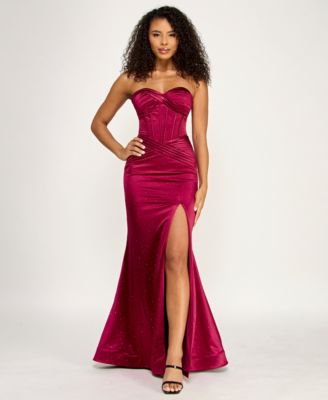 Juniors' Strapless Front Slit Dress