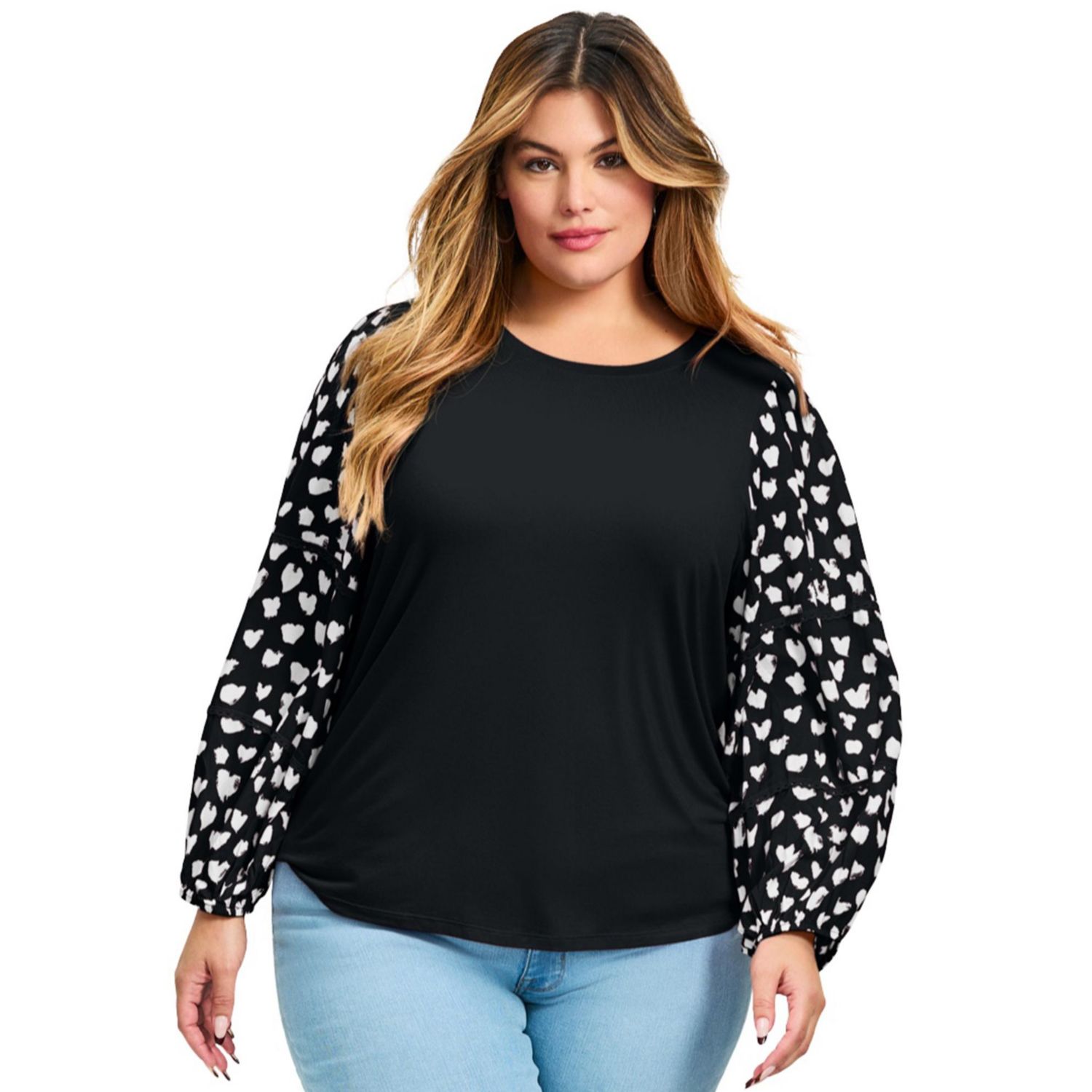 Women's Plus Size Mix Media Heart Sleeve Top