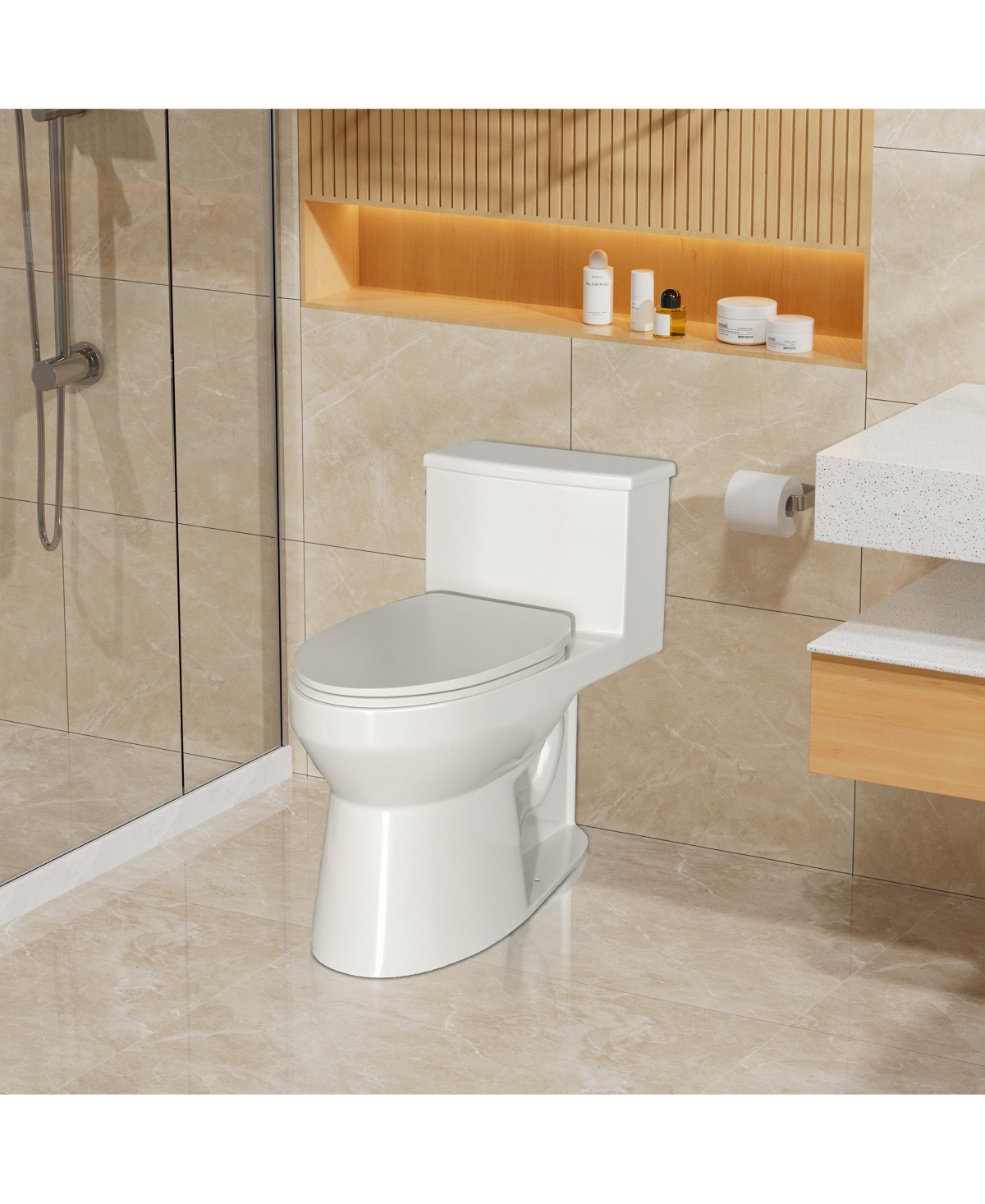 Casainc Ceramic One Piece Elongated Skirted Bathroom Fixture with Comfortable Seat Height and Soft-Closing Seat&Lid