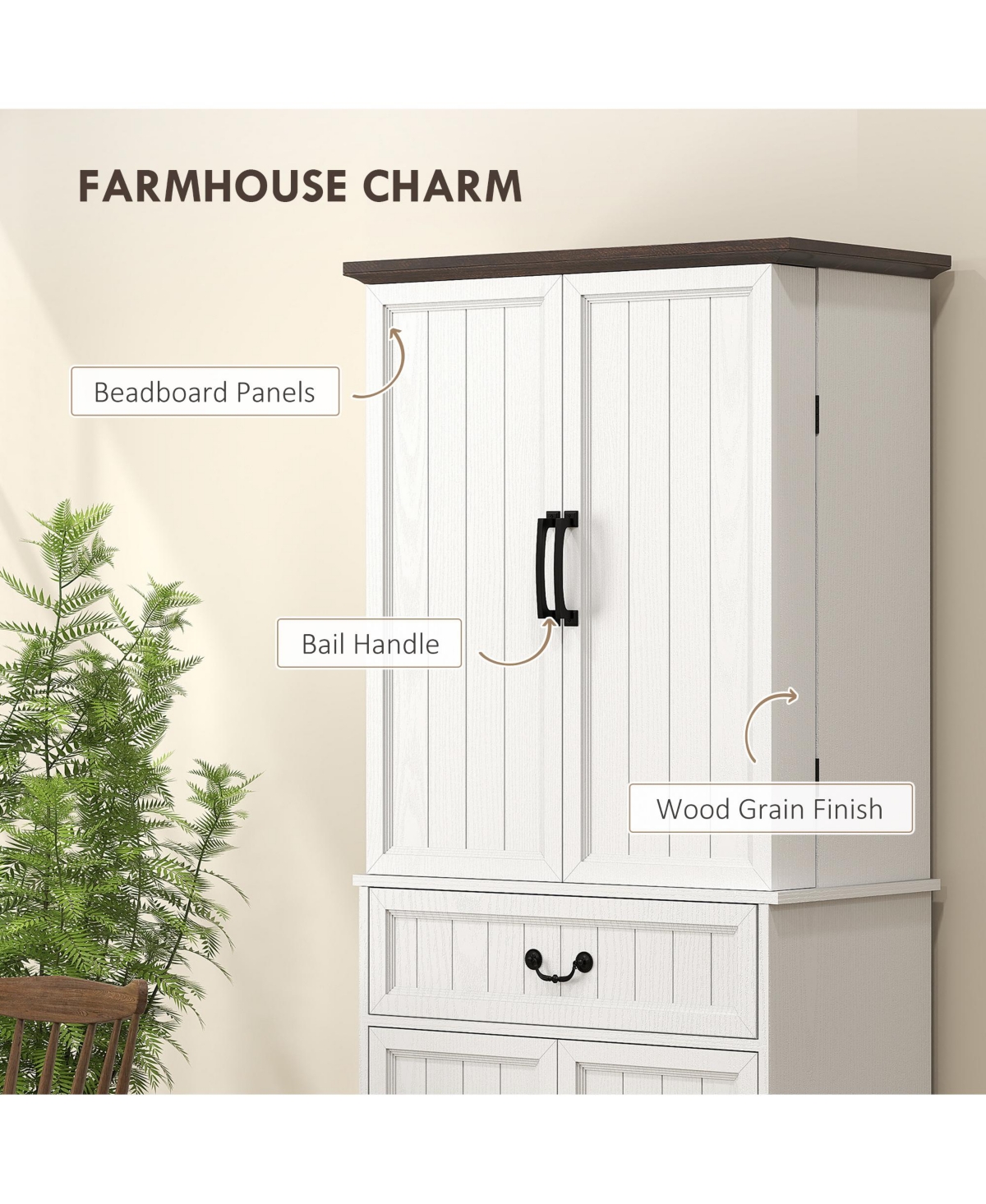Homcom Farmhouse Kitchen Pantry Cabinet with Light, Storage Cabinet,