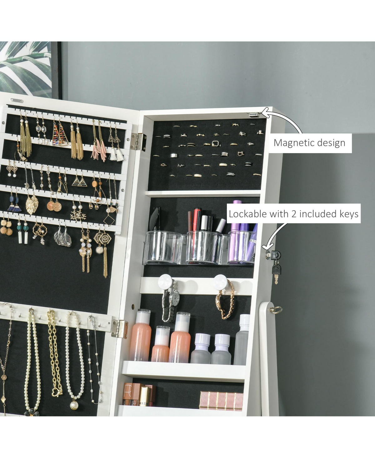 Full Body Mirro Jewelry Cabinet w/ Led Lights & 5-Tier Storage Shelves,