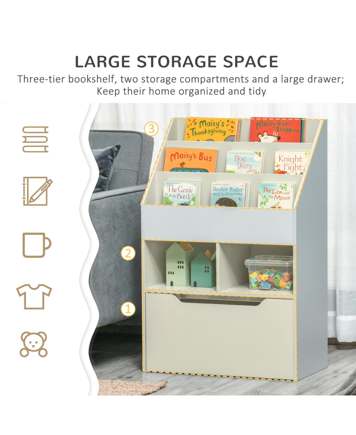 Homcom Kids Storage Bookcase Stand with Drawer for Toys & Books, Grey