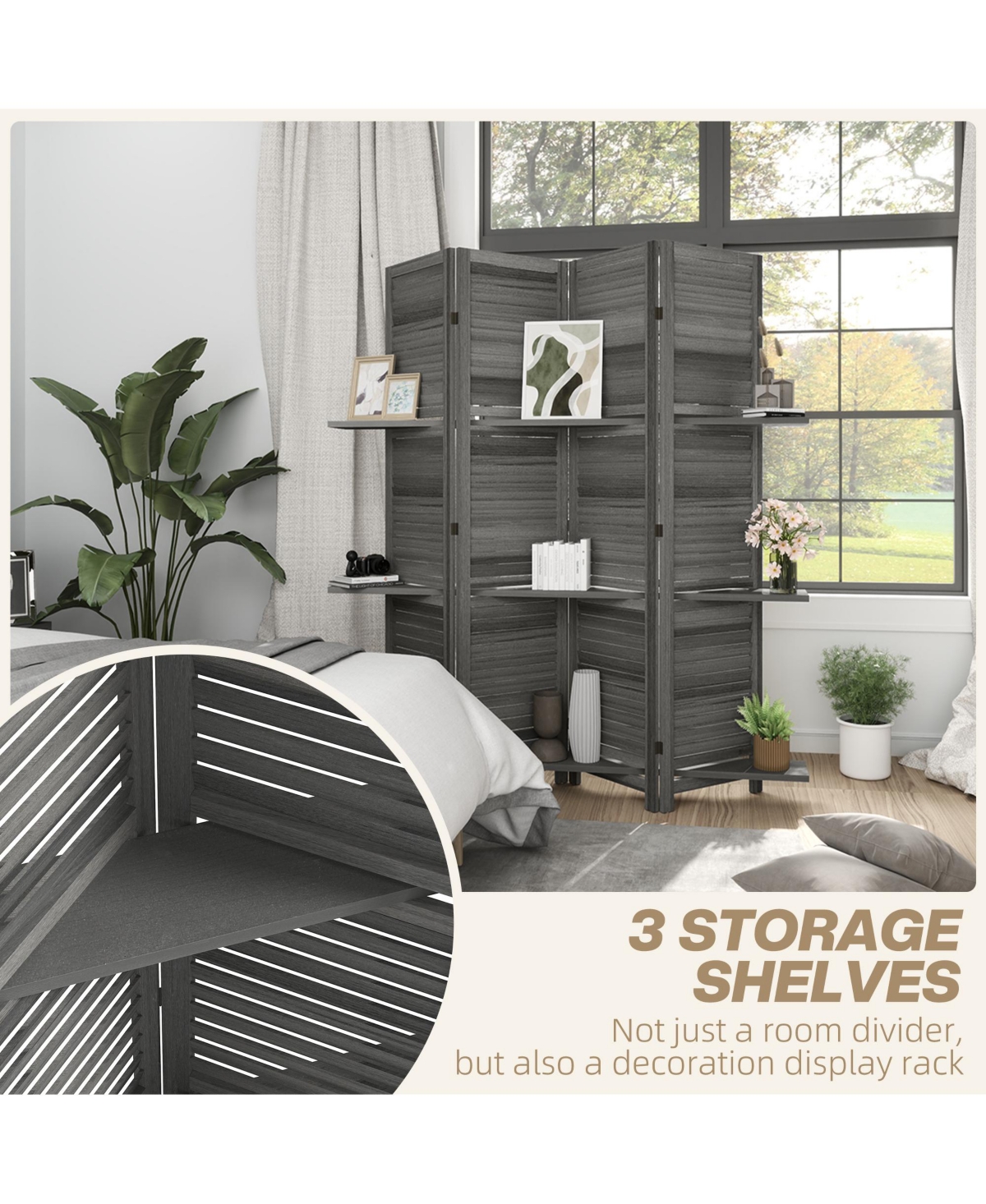 Homcom Blinds Style 4-Panel Folding Privacy Screen Room Divider 3 Shelves Wooden
