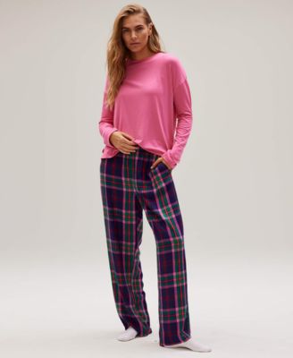 Women's Printed Open Leg Contrast Waistband Flannel Pants